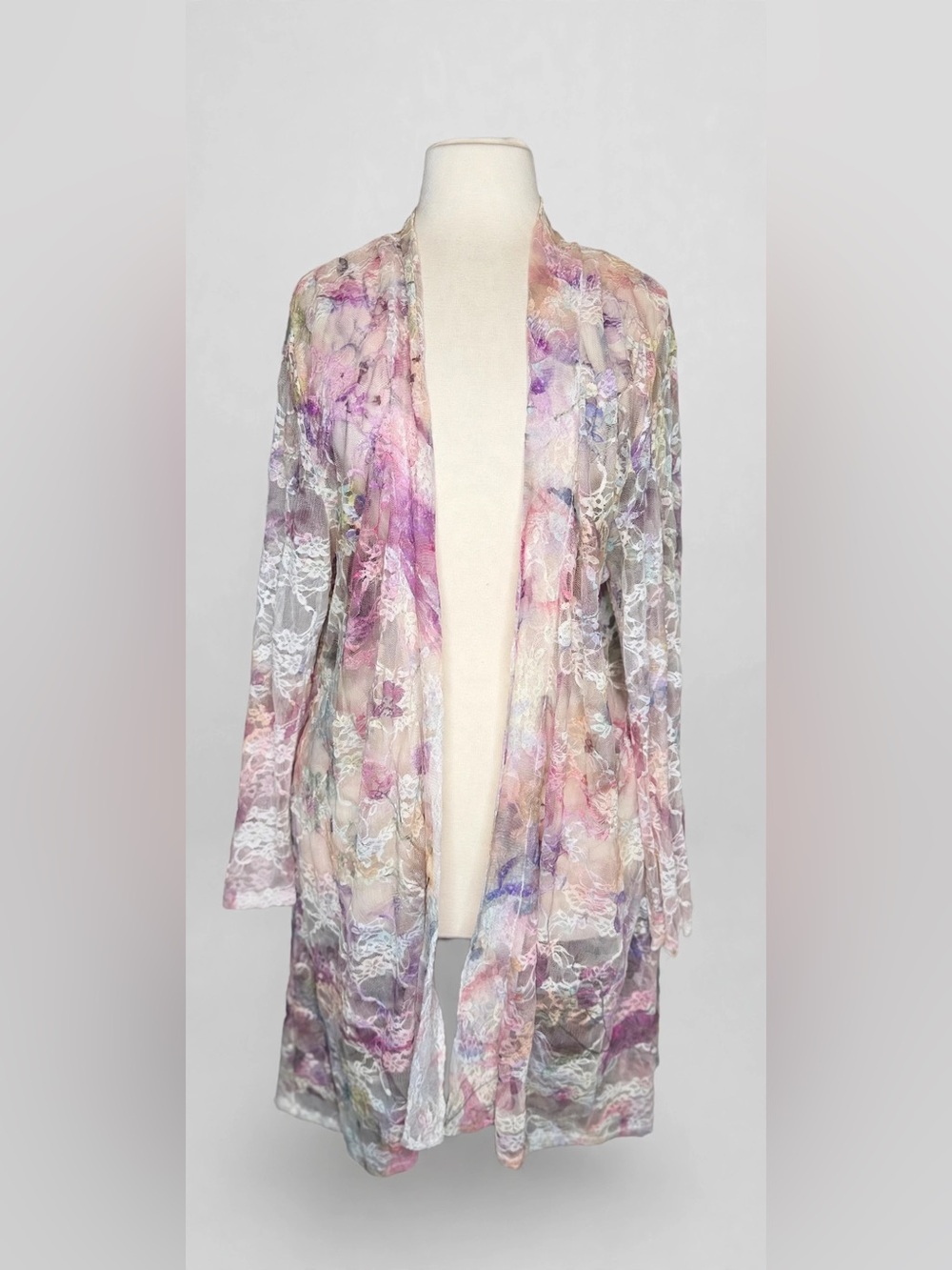 Cal Style Floral Lace Kimono Duster Cardigan XL — Sheer Mesh Boho Beach Cover Up